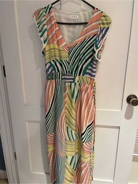 THML Size S Multicolor Striped V-Neck Ruffle Sleeve Button Front Pant Romper